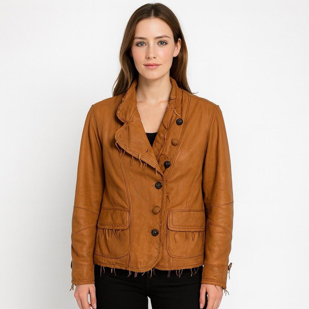 Overland jacket coat womens medium M tan soft leather fringe western fall winter